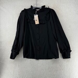 Esqualo‎ Black Top Ruffle Blouse Long Sleeve Button Down Cottagecore Size 6 NWT